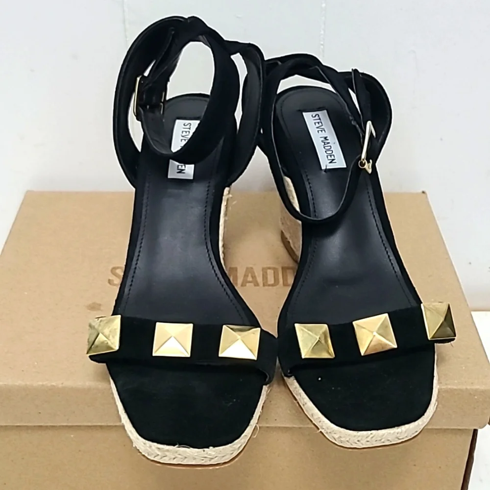 Steve Madden Sunty Studded Suede Wedge Espadrilles Sandals Black Size 9.…